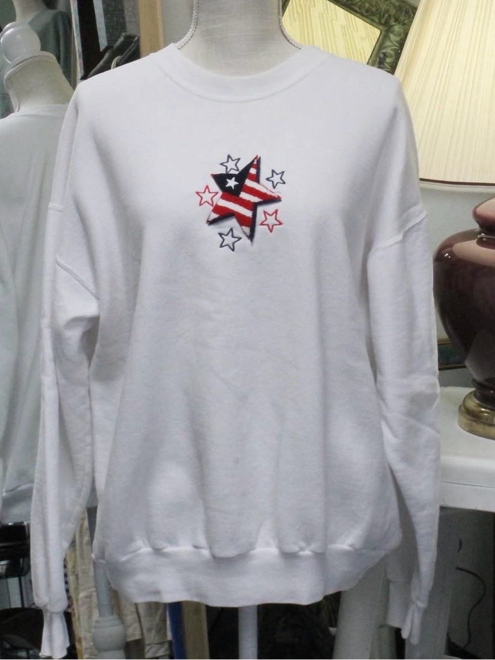 White Sweatshirt with Patriotic Star Embroidery